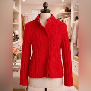 St. John Red Cable Knit Cardigan Jacket Size P Mock Neck Logo Plaque